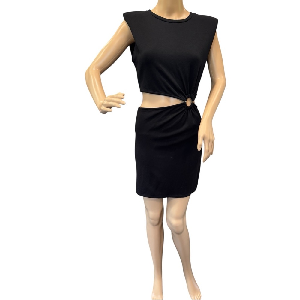 FORE Cutout Mini Dress Womens Size M Black Stretch Fabric Cut Out Waist Pullover